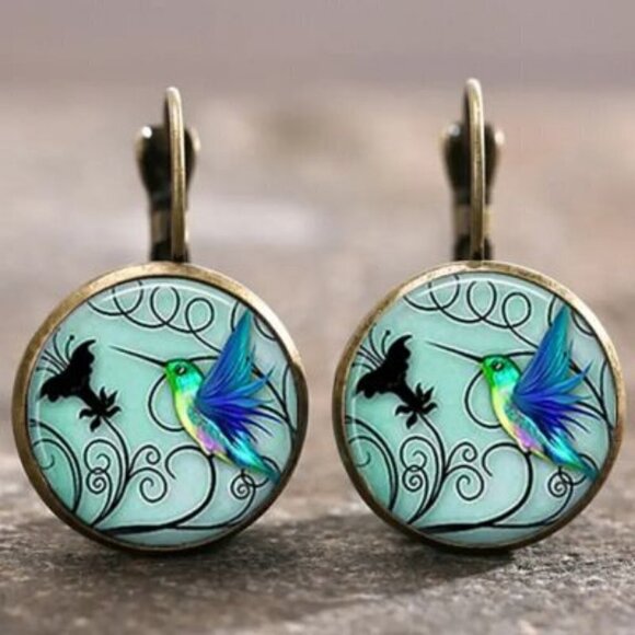 Blue Hummingbird Time Gemstone Earrings Silver Color Ear Jewelry For Women Girls - Picture 1 of 3